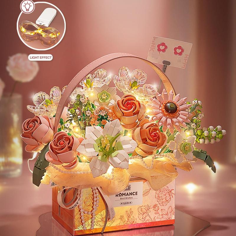 Flower Rose Assembly Building Block Toy With Light Strip, 1 Set Creative Building Blocks, Handheld Flower Bundle Gift Box For Girlfriend or Best Friends