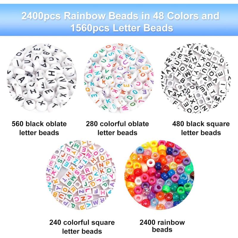 Pony Beads for Friendship Bracelet Making Kit 48 Colors Kandi Beads Set, Plastic Rainbow Bulk and Letter Beads with 20 Meter Elastic Threads for Craft Jewelry Necklaces