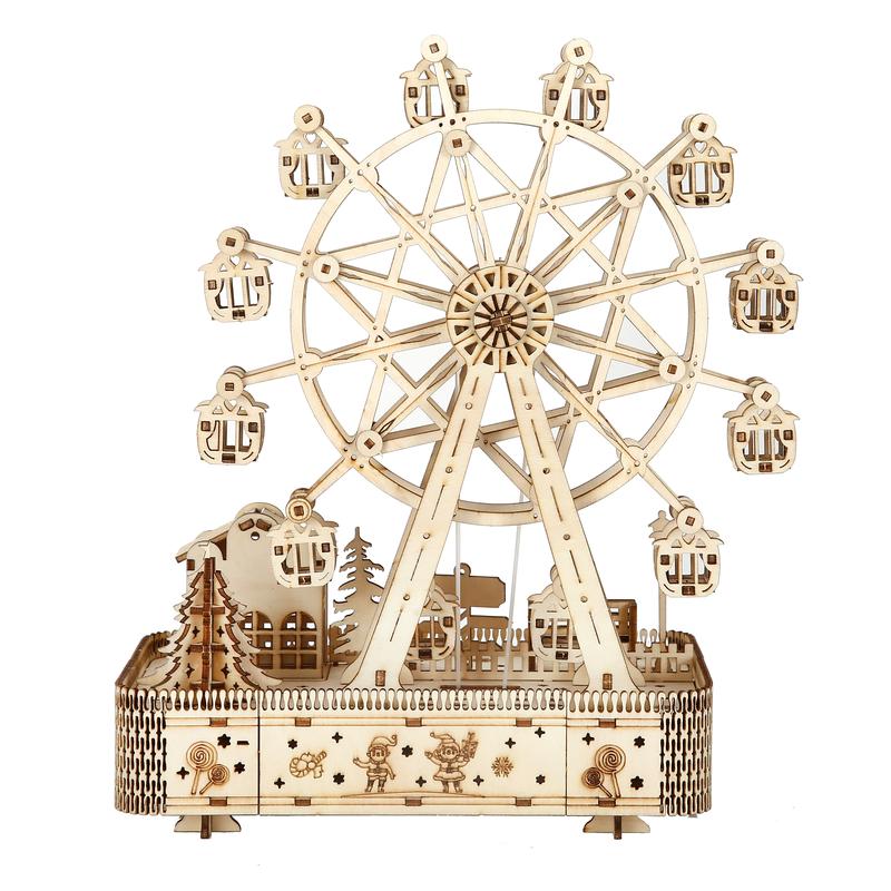 3D Puzzles for Adults, Old Sky Wheel with LED light Model Kits for Adults, Wooden Music Box,DIY Craft Kits