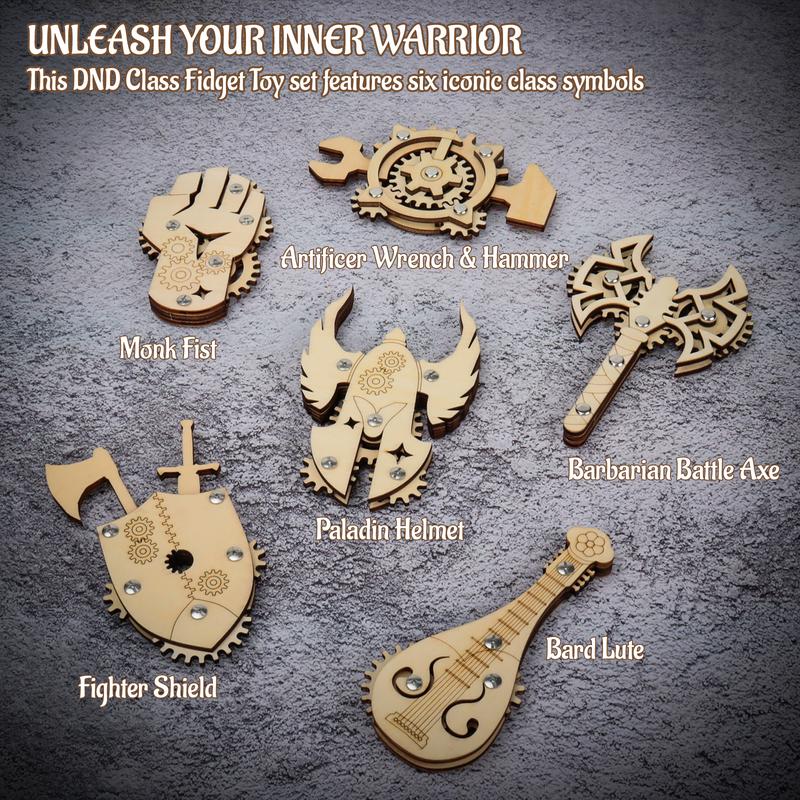 DND Class Fidget Toys Set of 6 Birch Plywood Laser Cut Gears Linkage ADHD Relief Toy for TTRPG Gamer - Ideal Gift for Tabletop RPG Player and Dungeon Master