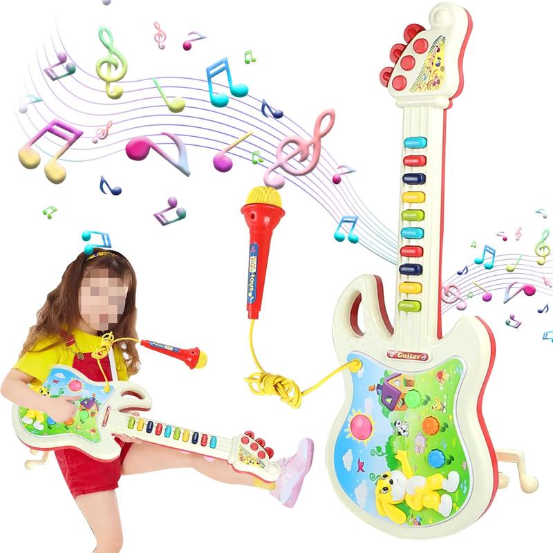 Guitar and Microphone Toys for Kids, Pretend Play Musical Instruments Educational Toys for Girls Boys, Colorful Light and Sound Gifts