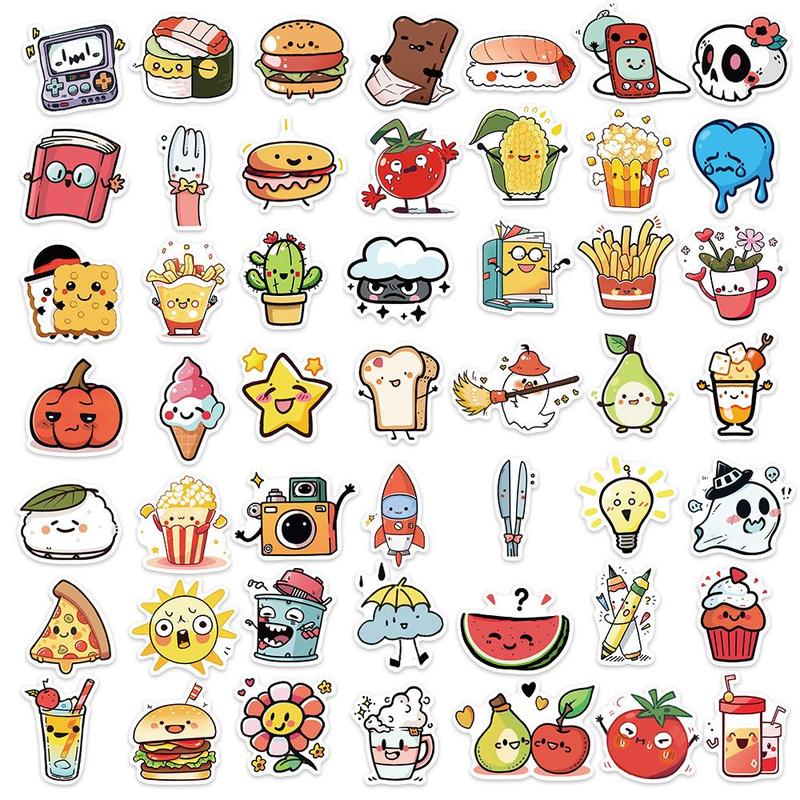 Cute Cartoon Fruit & Snack Pattern Stickers, 50pcs Waterproof Decorative Sticker, DIY Creative Sticker for Toys Water Bottles Journal Making Scrapbooking, Birthday Party Favors