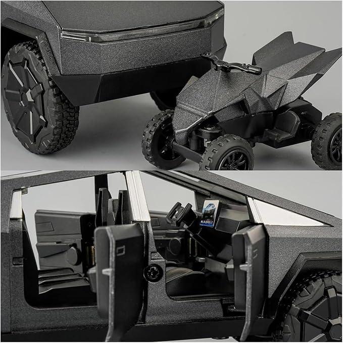 alloy car model Tesla Cybertruck 1:32 scale zinc alloy pickup model toy car ornament with a small motocross bike, the Cyberquad