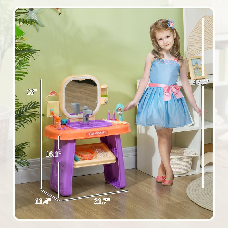 Qaba Kids Vanity Set with Self-Opening Magic Mirror, Princess Makeup Vanity Table Set with Music, Tabletop with Lights, Imaginative Toy for 3-6 Years Old Child