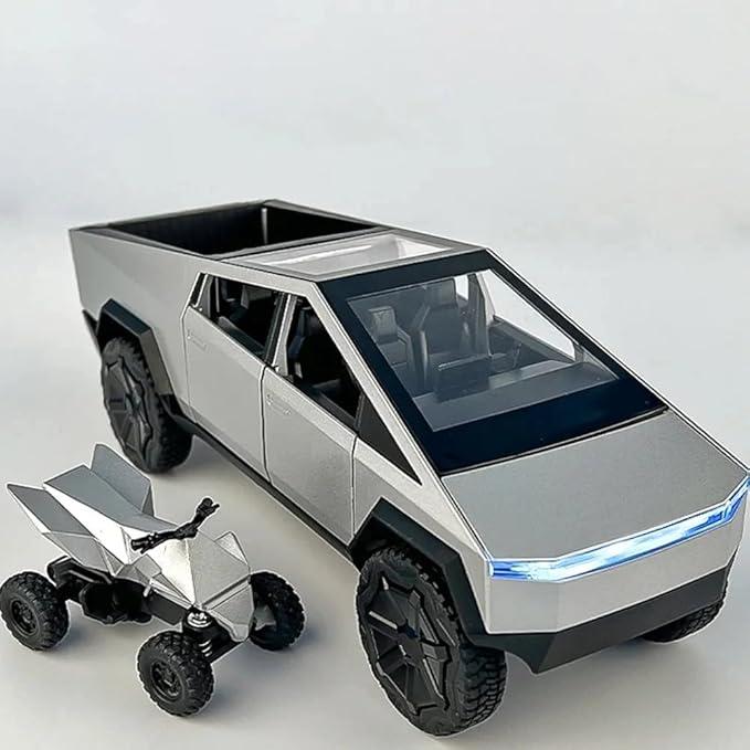 alloy car model Tesla Cybertruck 1:32 scale zinc alloy pickup model toy car ornament with a small motocross bike, the Cyberquad