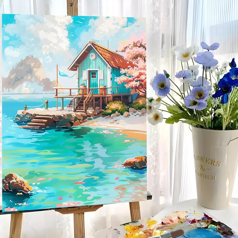 Sea House Pattern DIY Painting By Numbers Kit, 1 Set DIY Paint By Numbers Kit without Frame, DIY Wall Art Painting for Home Bedroom Living Room Decor