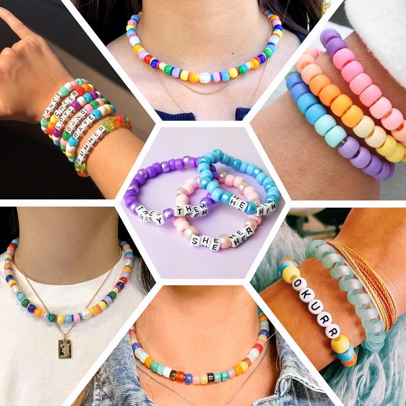 Pony Beads for Friendship Bracelet Making Kit 48 Colors Kandi Beads Set, Plastic Rainbow Bulk and Letter Beads with 20 Meter Elastic Threads for Craft Jewelry Necklaces