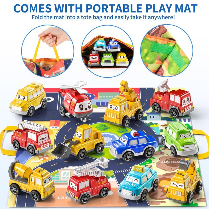 Christmas Gift Pull Back Car Toys for , Toy Cars with Play Mat Storage Bag, Birthday Gifts