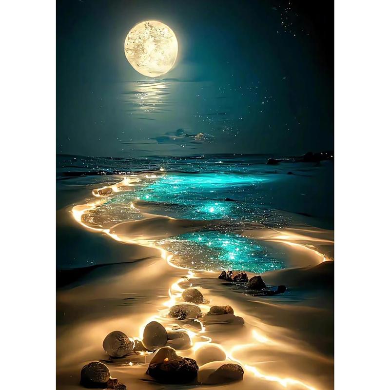 Moonlight Beach Diamond Painting Kits for Adults, 5D Seaside Moon Diamond Art Kits for Beginners, DIY Full Drill Paint with Diamond, Home Wall Decor 12 x 16 Inch