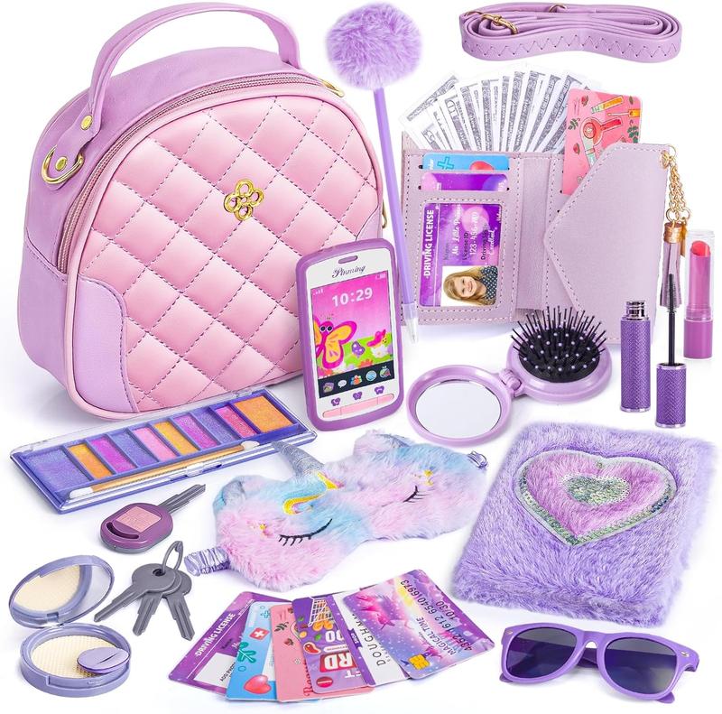 Christmas Little Girl Purse with Accessories, My First Purse Set - Play Makeup Diary Eye Mask Wallet Toy Phone Keys Sunglasses Credit Cards Kids, Princess Pretend Play Toy for Girl Age 3+