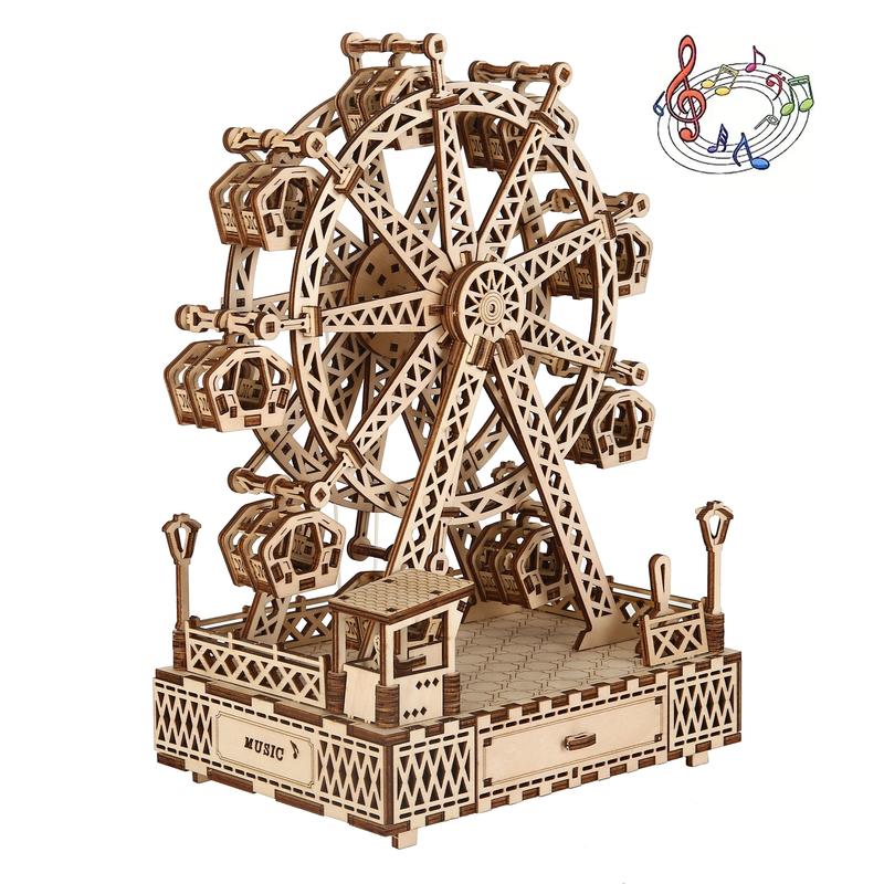 3D Puzzles for Adults, Old Sky Wheel with LED light Model Kits for Adults, Wooden Music Box,DIY Craft Kits