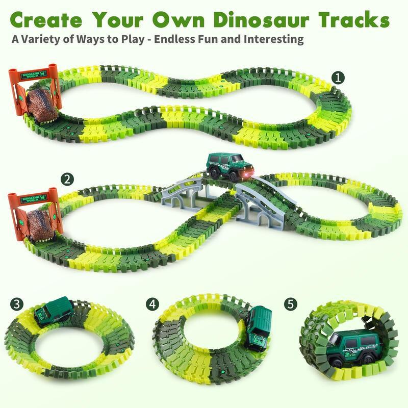 Dinosaur Toys Race Car Track with Glow-in-the-Dark Stickers Vehicle Playsets, 215 PCS Road Toys for Boys, Best Gift control car