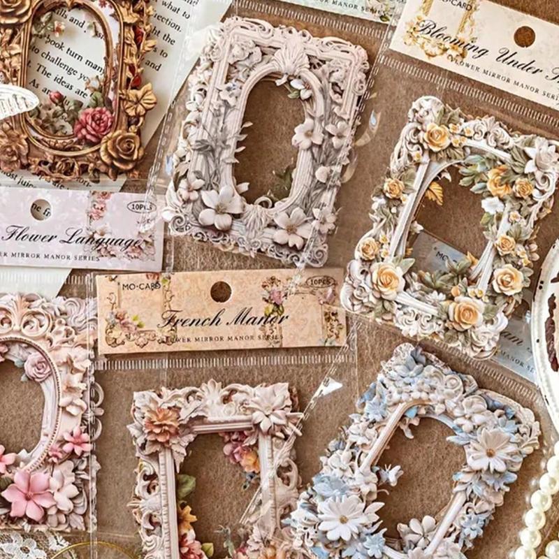 Vintage Flower Pattern Photo Frame, 10pcs Hollow Out Craft Paper, DIY Decorative Supplies for Scrapbooking & Journal Making