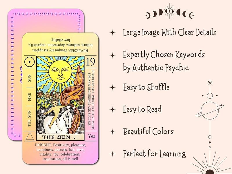 JUJU'S VIBES Learning Tarot Cards for Beginners with Meanings on Them, Cute Sunset Tarot Cards Set Unique, with Keywords, Beautiful Rider Waite Tarot Desks, Cute Beginner Tarot Cards Deck Pink