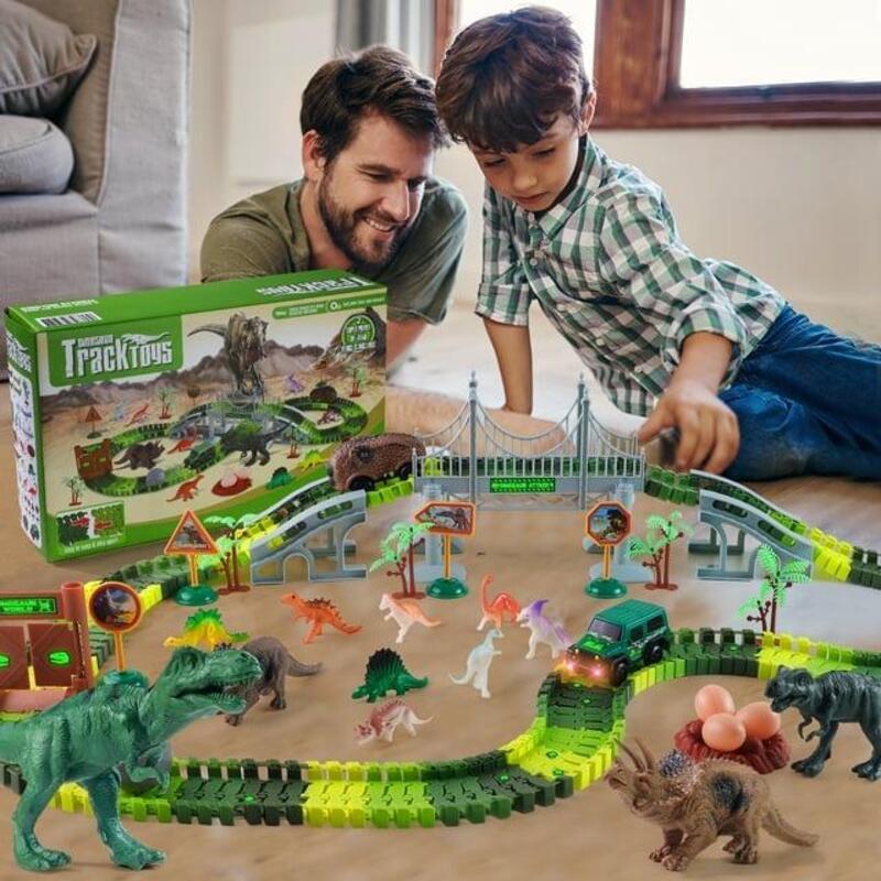 Dinosaur Toys Race Car Track with Glow-in-the-Dark Stickers Vehicle Playsets, 215 PCS Road Toys for Boys, Best Gift control car