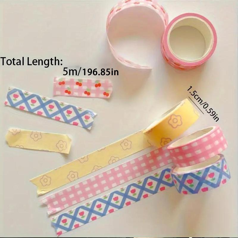 Pink Grid Cherry Flower Pattern Washi Tape, 5 Counts set Colorful Scrapbooking Tape, DIY Decorative Tape for Journal Making, Gift Wrapping