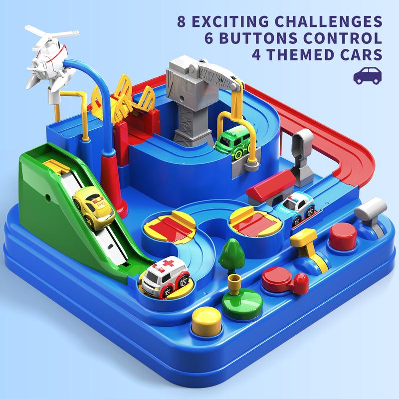 Racing Track Toy, Car Vehicles Adventure Toy with 8 Exciting Challenges, 6 Buttons& 4 Mini Cars