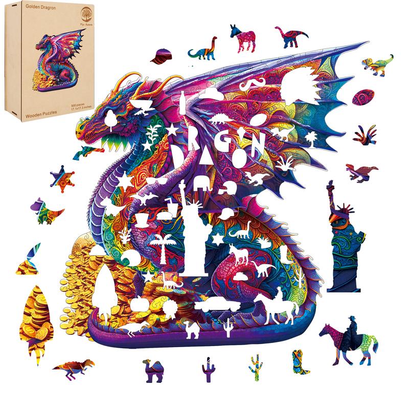 Wooden Puzzles, Gold Dragon Jigsaw Puzzle,Unique Shaped Wooden Puzzle For Adults and Kids,Christmas Gift Family Game Laser Cut