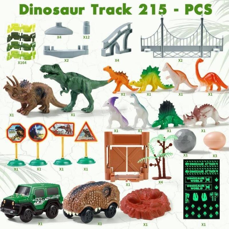 Dinosaur Toys Race Car Track with Glow-in-the-Dark Stickers Vehicle Playsets, 215 PCS Road Toys for Boys, Best Gift control car