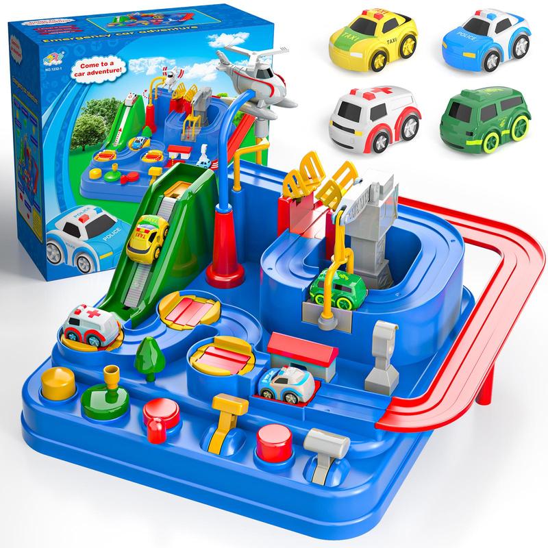 Racing Track Toy, Car Vehicles Adventure Toy with 8 Exciting Challenges, 6 Buttons& 4 Mini Cars