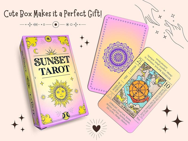 JUJU'S VIBES Learning Tarot Cards for Beginners with Meanings on Them, Cute Sunset Tarot Cards Set Unique, with Keywords, Beautiful Rider Waite Tarot Desks, Cute Beginner Tarot Cards Deck Pink