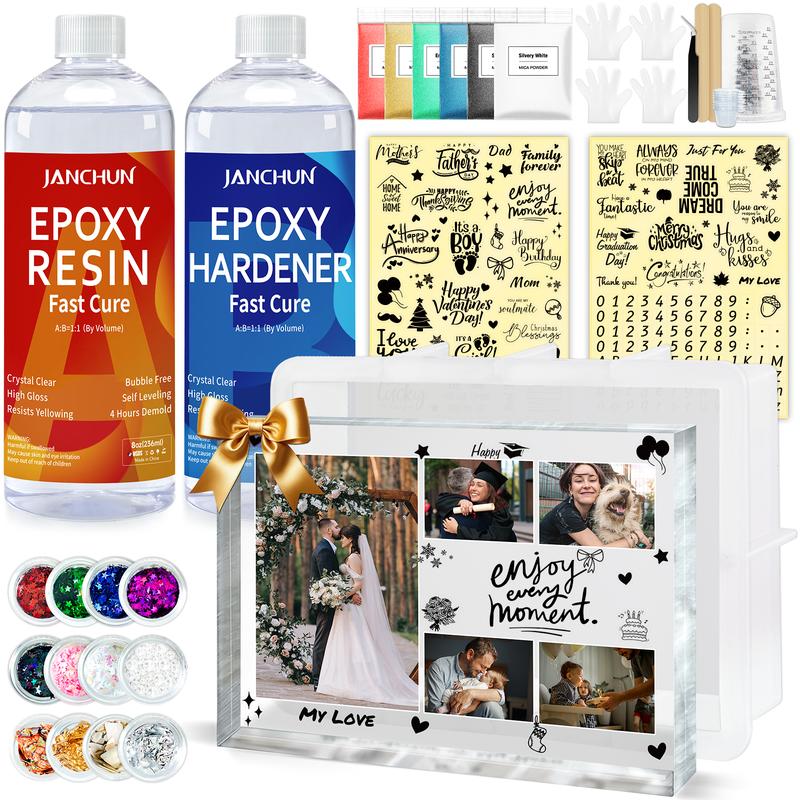 JANCHUN Resin Picture Frames Craft Kit, 16oz Epoxy Resin Mold Kit with Photo Frame Word Stickers Gift for Her, Him, Couples, Friends, Birthday, Graduation, Baby, Mom-to-be, Wedding, Back to school