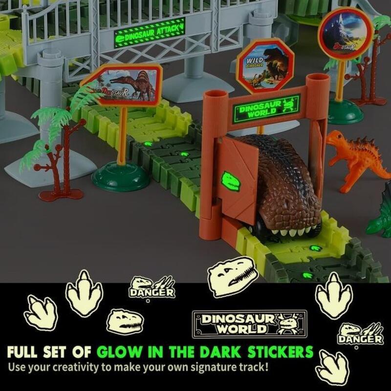 Dinosaur Toys Race Car Track with Glow-in-the-Dark Stickers Vehicle Playsets, 215 PCS Road Toys for Boys, Best Gift control car