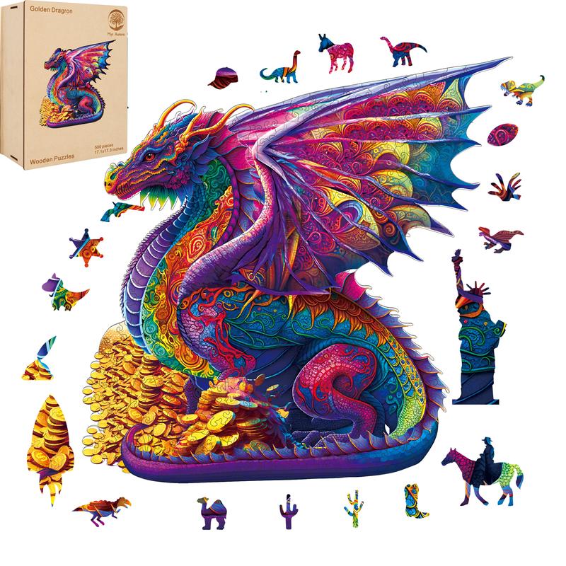 Wooden Puzzles, Gold Dragon Jigsaw Puzzle,Unique Shaped Wooden Puzzle For Adults and Kids,Christmas Gift Family Game Laser Cut