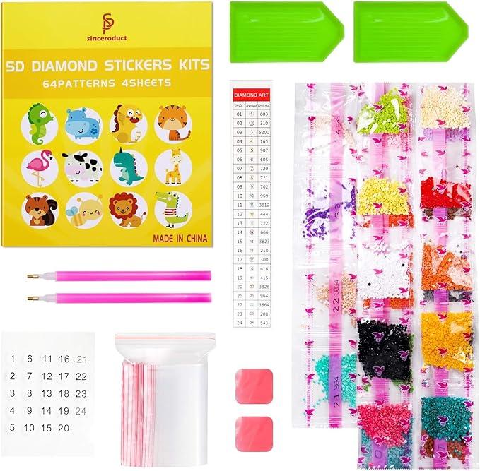 64 PCS 5D DIY Diamond Painting Stickers Kits for Kids and Adult Beginners, Stick - Shaped Paint Marked with Diamonds by Numbers, More Cute Animals, Dinosaurs, Kids Gift