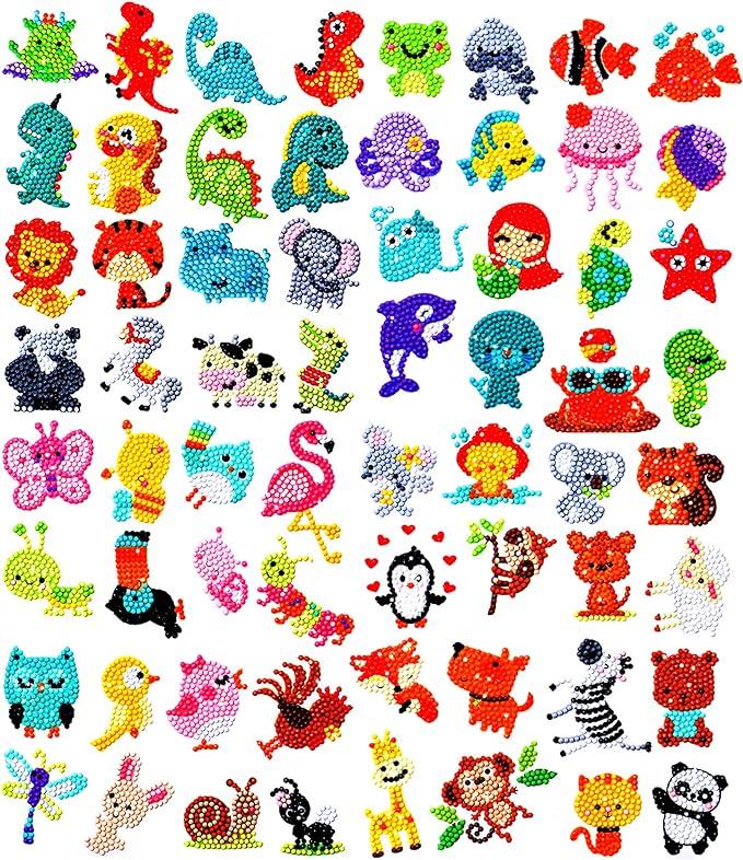 64 PCS 5D DIY Diamond Painting Stickers Kits for Kids and Adult Beginners, Stick - Shaped Paint Marked with Diamonds by Numbers, More Cute Animals, Dinosaurs, Kids Gift