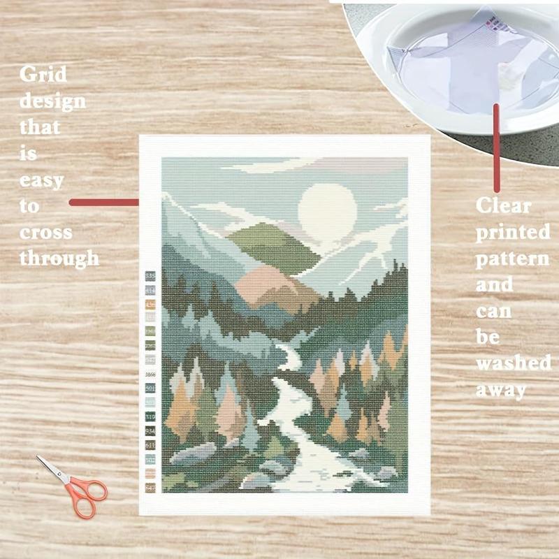 Embroidery Kit, 1 Count Landscape Pattern DIY Cross Stitch Kit with Random Color Tools, Embroidery Craft Kit for Beginners, DIY Wall Decoration