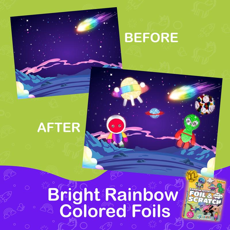 Craftikit Foil Art & Rainbow Scratch Art for Kids - 2-in-1 Arts and Crafts Kit for Kids Ages 4-10