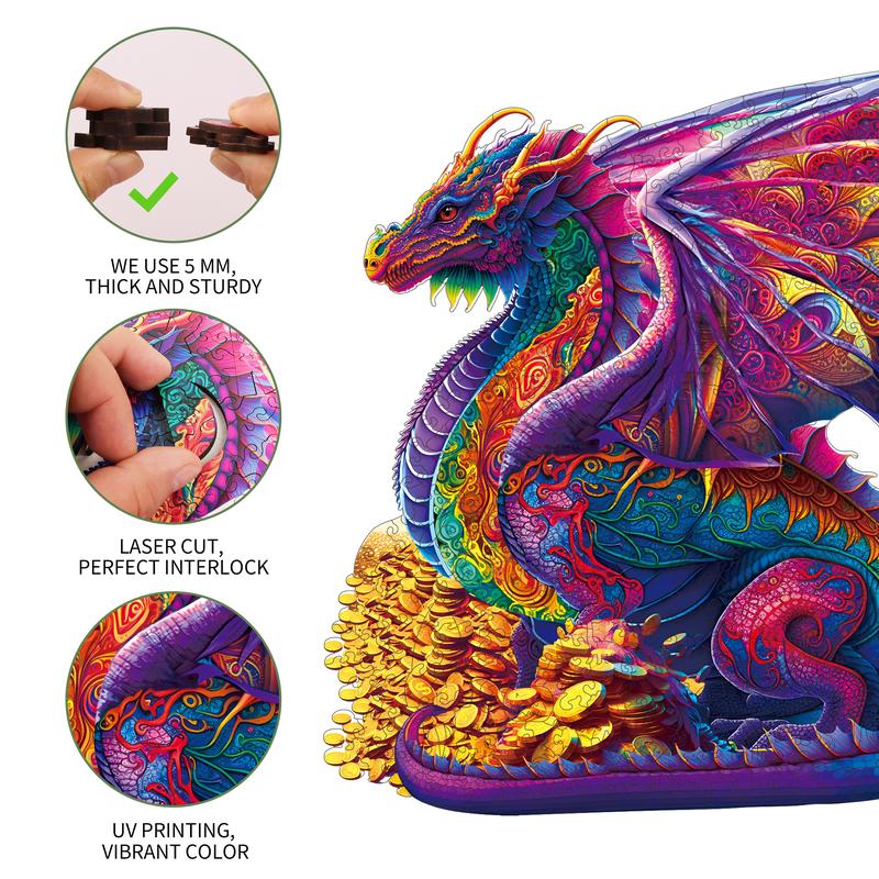 Wooden Puzzles, Gold Dragon Jigsaw Puzzle,Unique Shaped Wooden Puzzle For Adults and Kids,Christmas Gift Family Game Laser Cut