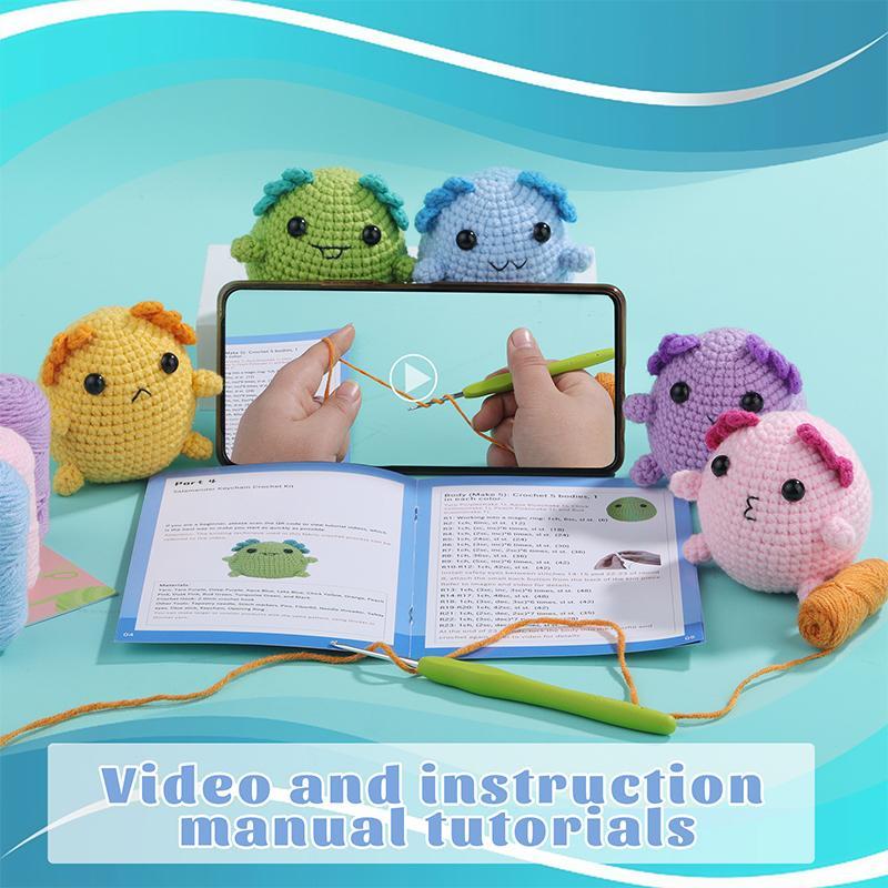 Axolotl Key Chain Crochet Kit for Beginners, 5 Counts set Crochet Starter Kit with Step-by-step Video Tutorial, DIY Crochet Kit for Beginners, Crochet Supplies