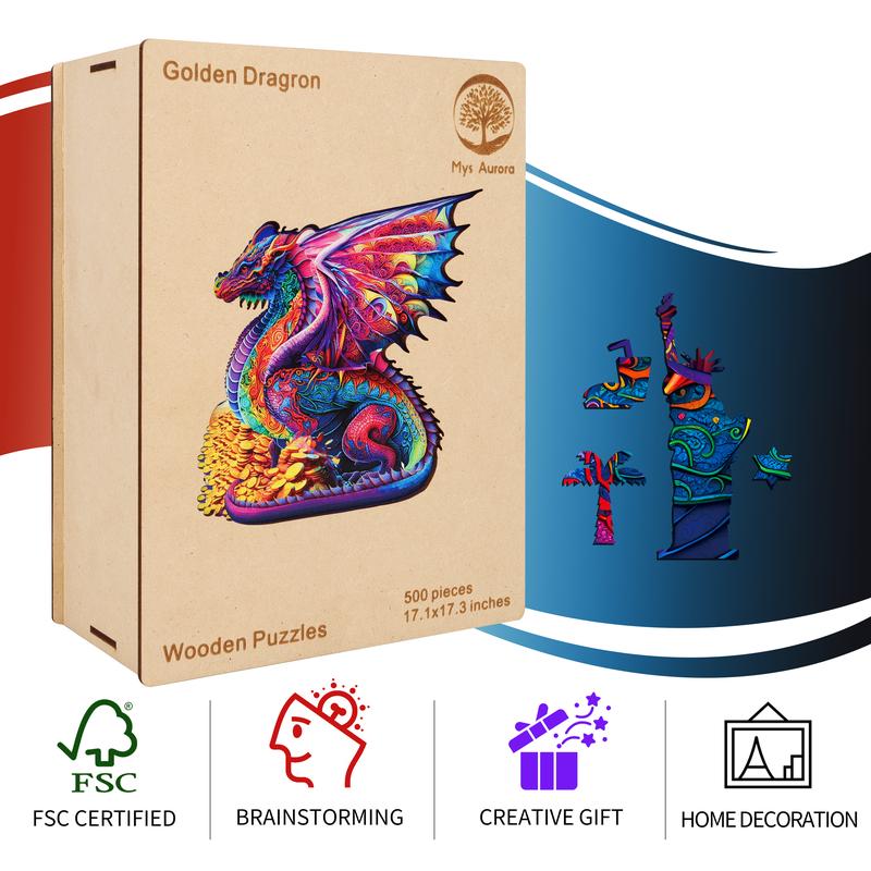 Wooden Puzzles, Gold Dragon Jigsaw Puzzle,Unique Shaped Wooden Puzzle For Adults and Kids,Christmas Gift Family Game Laser Cut