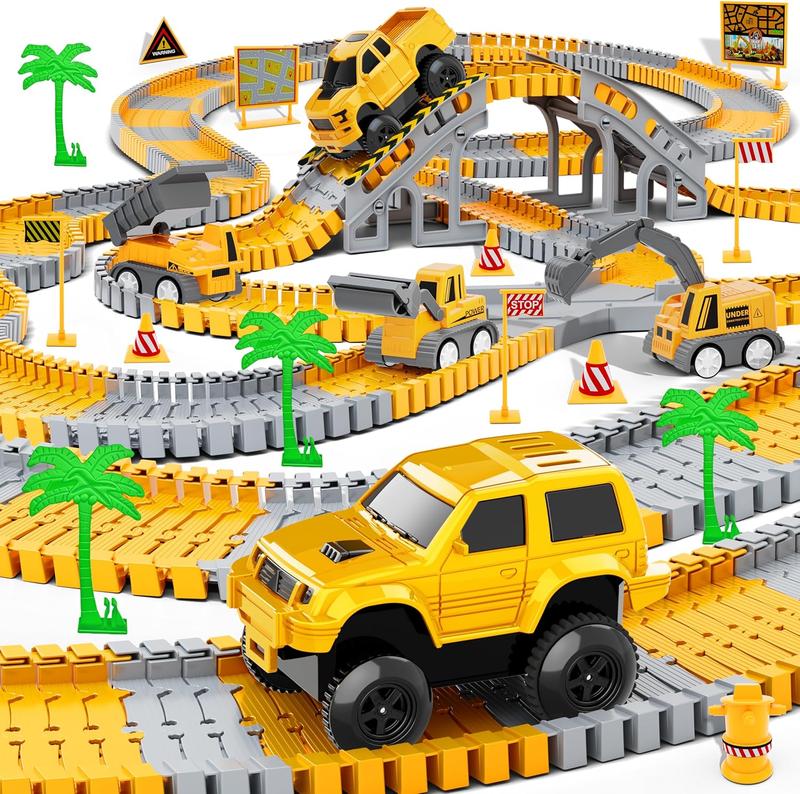 Christmas Gift, Kids Toys 253 PCS Construction Race Tracks Toy for 3-8 Year Old Kids, 5 PCS Construction Truck Car and Flexible Track Play Set