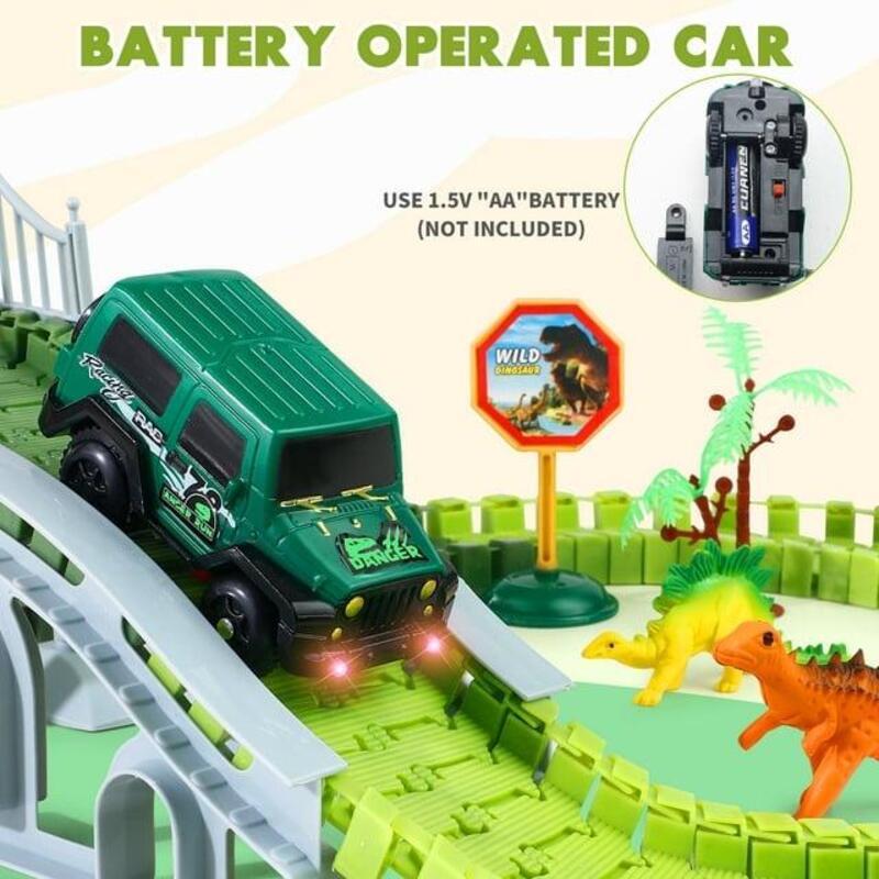 Dinosaur Toys Race Car Track with Glow-in-the-Dark Stickers Vehicle Playsets, 215 PCS Road Toys for Boys, Best Gift control car