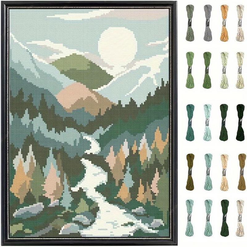 Embroidery Kit, 1 Count Landscape Pattern DIY Cross Stitch Kit with Random Color Tools, Embroidery Craft Kit for Beginners, DIY Wall Decoration