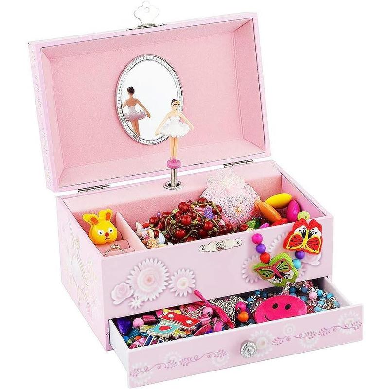 Kids Musical Jewelry Box for Girls with Drawer and Jewelry Set with Ballerina Theme - Swan Lake Tune Pink