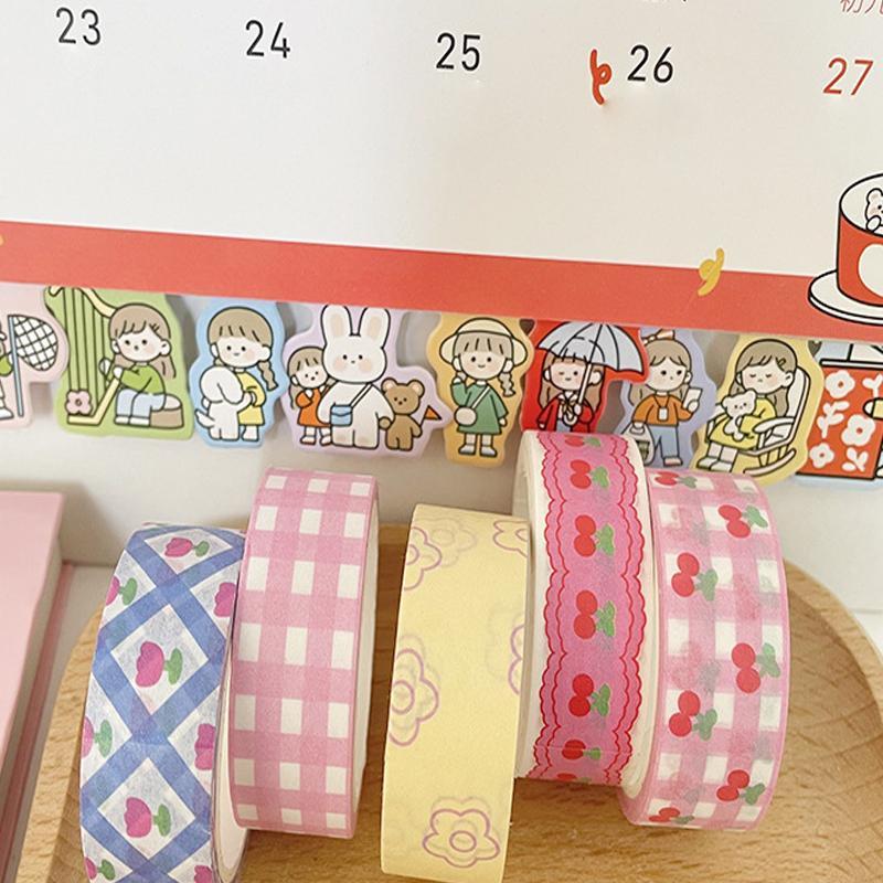 Pink Grid Cherry Flower Pattern Washi Tape, 5 Counts set Colorful Scrapbooking Tape, DIY Decorative Tape for Journal Making, Gift Wrapping