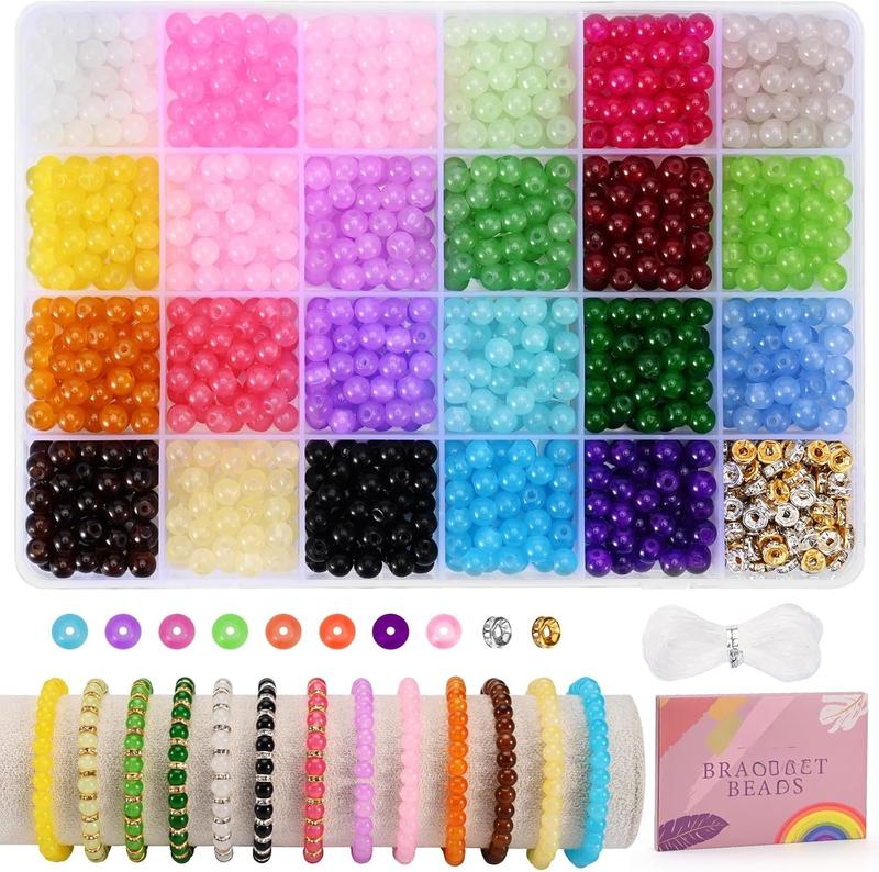 1100 count 6mm Glass Beads for Jewelry Making, 24 Vibrant Colors Crystal Round Glass Beads for Bracelets, Complete Bracelet Making Sets for  DIY Crafts & Friendship Bracelets