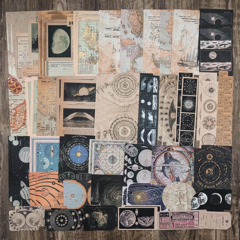 Vintage Scrapbook Supplies Pack for Witchy Junk Journal and Planners - Space Moon Paper Stickers Craft Kits Collage