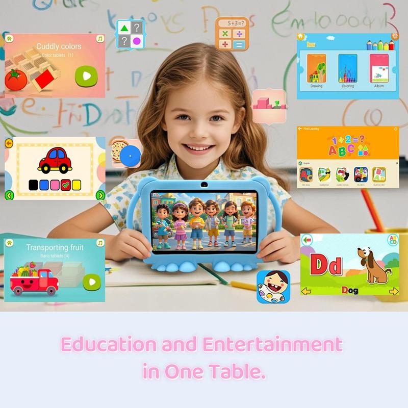 7 Inch Student Tablet, Cute Cartoon Design Tablet with Parental Control, Learning Tablet with Shockproof Case, Educational Tablet, Idea Gift for Boys & Girls