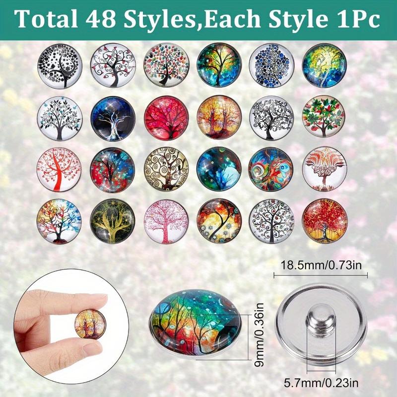 1 Box 48Pcs Snap Jewelry Charms 18mm Glass Snap Buttons Bulk Tree of Life Snap Button Interchangeable Snaps Button for Jewelry Making Lanyard Necklace Bracelet Breakaway Buttons Craft