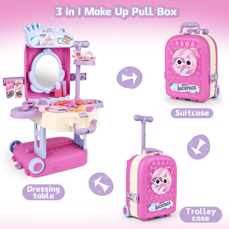 deAO 2 in 1 Makeup Table Vanity & Suitcase Set with Fashion Makeup Accessories Pretend Play Travel Suitcase Fashion Set Christmas gift