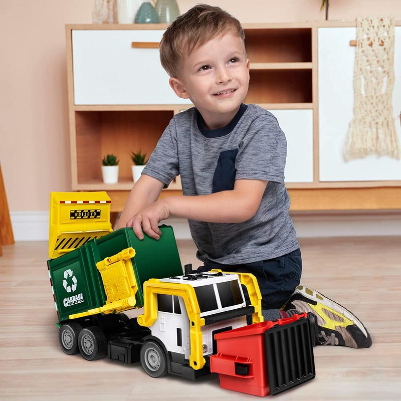 Christmas 2024 Gifts Extra Large Garbage Truck Toy Set With Sound And Light, Includes Dumpster, Trash Bins, and Learning Cards, Gift For Kids