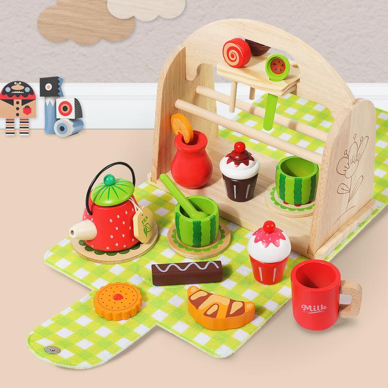 Happy Afternoon Tea Set Toys, Green Wooden Portable Set Bag, Funny Children's Dress Up & Pretend Play Toys, Montessori Educational Toys For Boys Girls, Halloween Christmas Birthday Gifts