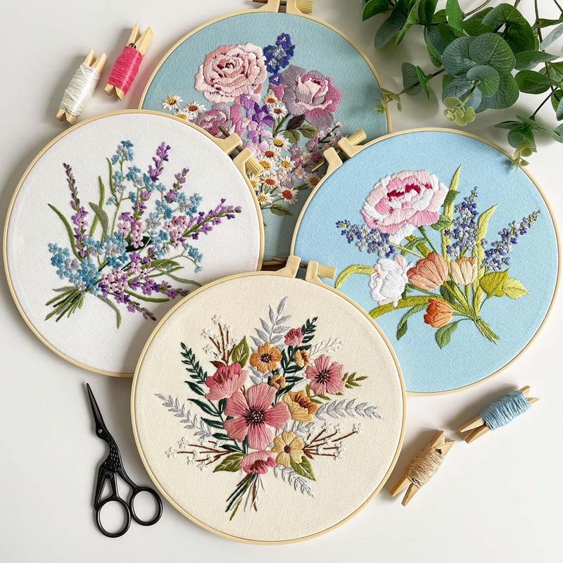 Embroidery Kit, 4 Flower Pattern Embroidery Set with 4 Patterns and 2 Hoops, Adult and Beginner Needlepoint Kit with Embroidery Floss, , Cotton Fabric and Instructions...