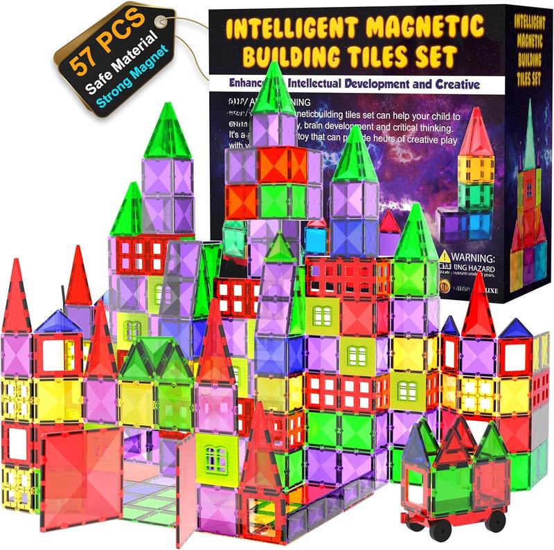 Magnetic Tiles Building Blocks Toy - STEM Educational Magnet Set for Kids, Creativity Preschool Learning Sensory Montessori Toddler Toys for Boys & Girls 3+ Years Old - 57 count