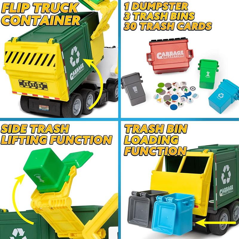 Christmas 2024 Gifts Extra Large Garbage Truck Toy Set With Sound And Light, Includes Dumpster, Trash Bins, and Learning Cards, Gift For Kids